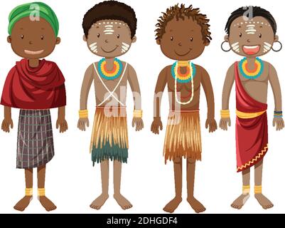 Ethnische Menschen von afrikanischen Stämmen in traditioneller Kleidung Cartoon Figur Illustration Stock Vektor