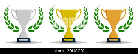 Satz von Preissportcup für die Teilnahme an sportlichen Wettbewerben mit Lorbeerkränze. Silber, Gold, Bronze. Auszeichnung für den Gewinner des Turniers. Vektor in f Stock Vektor