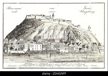 Kuwasseg Leopold, Panorama von Graz und Umgebung - um 1830 - J.F.Kaiser Lithografarte Ansichten der Steiermark 1830. Stockfoto