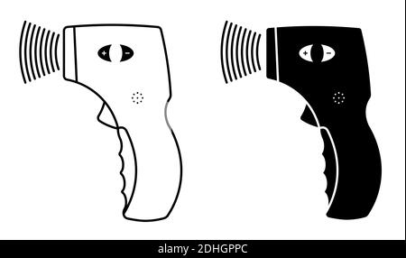 Infrarot-Thermometer Für Die Stirn. Kontrollieren Sie die Ausbreitung von Krankheiten. Isolierter Vektor auf weißem Hintergrund. Lineares Symbol Stock Vektor