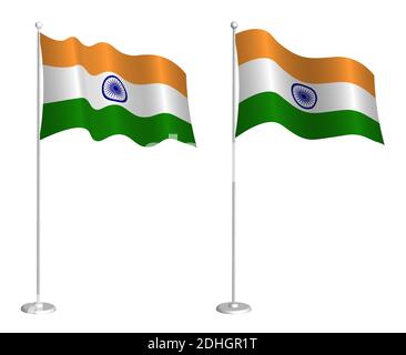 Flagge der Republik Indien auf Fahnenmast winkt im Wind. Design-Element Urlaub. Kontrollpunkt für Kartensymbole. Isolierter Vektor auf weißem Hintergrund Stock Vektor