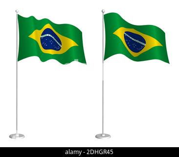 Flagge der Föderativen Republik Brasilien auf Fahnenmast winkt im Wind. Design-Element Urlaub. Kontrollpunkt für Kartensymbole. Isolierter Vektor auf weißem Bac Stock Vektor