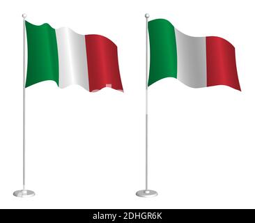 Flagge der Italienischen Republik auf Fahnenmast winkt im Wind. Design-Element Urlaub. Kontrollpunkt für Kartensymbole. Isolierter Vektor auf weißem Hintergrund Stock Vektor