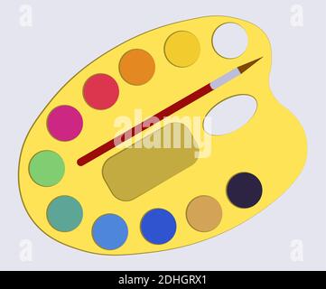 Farbpalette mit bunten Aquarellen in flacher Schreibwaren für die Schule Stock Vektor