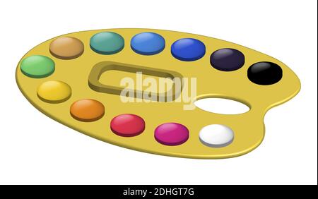 Realistische Palette mit bunten Aquarellen in flacher Schreibwaren für Schule Stock Vektor