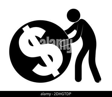 Stick Figur, Mann rollt eine Dollar-Münze, Akkumulation. Leidenschaft, Verehrung von Geld und Reichtum, Gier. Isolierter Vektor auf weißem Hintergrund Stock Vektor