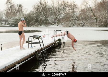 Winterschwimmer, trotzt Schnee und Eis für ihr tägliches Schwimmen im Highgate Men's Bathing Pond, Hampstead Heath, London, Großbritannien. Januar 2010 Stockfoto