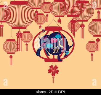 Chinesisches Neujahr 2021 Jahr der Ochse, Laternen, Blume und asiatische Elemente mit handwerklichen Stil auf dem Hintergrund Stock Vektor
