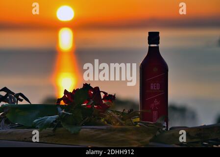 VOLOS, GRIECHENLAND - 30. Nov 2020: Skiathos Island, Griechenland, Flasche Johnnie Walker Red, Blended Scotch Whiskey, bei Sonnenuntergang. Stockfoto