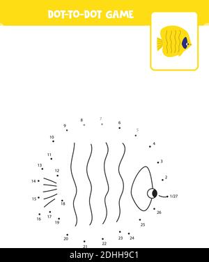 Dot to dot Spiel mit Fisch. Verbinden Sie die Punkte. Mathe-Spiel. Punkt- und Farbbild. Stock Vektor