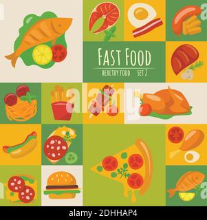 Fast Food Icons Set Poster in flacher Form. Stock Vektor