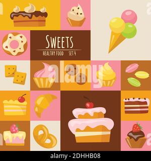 Bonbons Ikonen Set Poster in flachem Stil. Stock Vektor