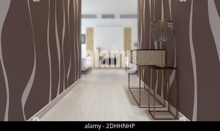 3d-Darstellung einer Eingangshalle mit modernen/Vintage-Möbeln und einer Glas-/Metalllampe. Das macht ein einzigartiges Interieur aus - handbemalte Wände. Stockfoto