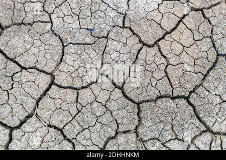 Karge Erde. Trockener, rissiger Erdhintergrund. Zerrissenes Schlamm-Muster. Boden in Rissen.Trockenheit Land. Trockenheit der Umgebung. Konzept. Stockfoto