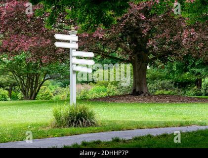 Ein weißer Wegweiser mit leeren Richtungszeichen darauf zeigend In verschiedene Richtungen Stockfoto
