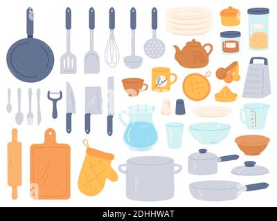 Küchenutensilien und Utensilien. Kochen Backen Küchengeräte. Koch Koch Koch Ausrüstung Pfanne, Schüssel, Wasserkocher und Topf, Messer und Besteck, flache Vektor-Set Stock Vektor