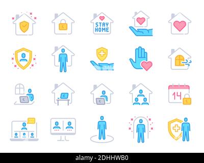 Symbole für „zu Hause bleiben“. Pandemie Quarantäne, covid Ausbruch Prävention und Arbeit von zu Hause bunte Linie Symbol. Sicherheit unter Hausdach Vektor-Set Stock Vektor