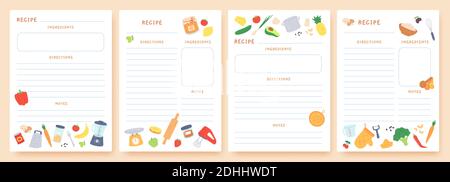 Rezeptkarten. Seiten für kulinarisches Buch mit Zutaten und Küchenutensilien dekoriert. Symbole für die Zubereitung von Speisen. Vektor-Set für Kochkarte Stock Vektor