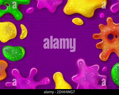 Glitzerschleim. Glänzende Goo-Spritzer und klebrige Slimes Flecken. Tropfender Rand mit klebrigem Spielzeug. Glänzende Farbe für Kinder. Realistischer Vektorhintergrund Stock Vektor