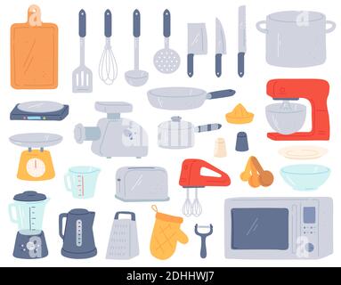 Küchengeräte. Kochgeschirr und Elektrogeräte für Backöfen, Mixer, Waagen, Zerkleiner. Home Kochgeschirr im minimalistischen Stil Vektor-Set Stock Vektor