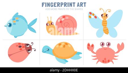 Fingerabdrücke für Kinder. Arbeitsblatt Färbung mit Fingerabdruck-Kunst - Schmetterling, Fisch, Schnecke und Schildkröte. Vector Fun Spiel für Vorschulkind Stock Vektor