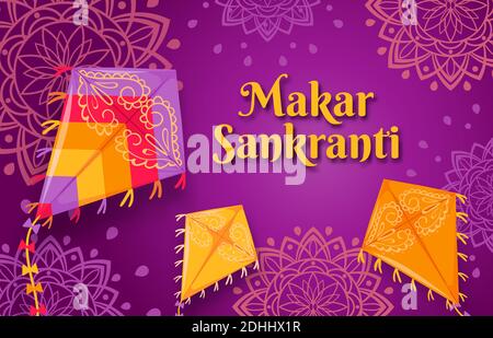 Makar Sankranti Festival. Happy Indian Sun Celebration Day Poster mit fliegenden Drachen. Sankrant Ernte Grußkarte oder Banner Vektor Konzept Stock Vektor