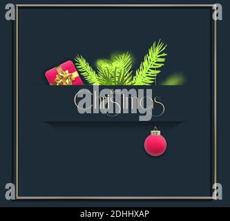 Kreative schöne abstrakte Weihnachten Urlaub Hintergrund mit Weihnachten Tannenzweigen, hängenden rosa 3D Weihnachtskugel und Weihnachten Geschenkbox über schwarz. Text mit Chr Stockfoto