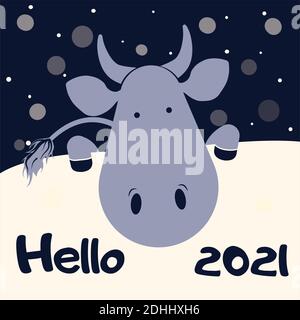 Schriftzug Hello 2021.Cute Ox. Monochrome Grußkarte für glückliches chinesisches Neujahr 2021 mit lustigem Bullen. Vektorgrafik. Quadratische Grußkarten. Ich Stock Vektor