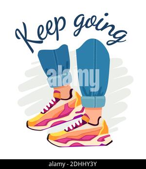 Slogan und Sneaker. Street Fashion Poster mit Fuß in Jeans und Sportschuhen, motivierendes Zitat. Keep Going Vektor-T-Shirt-Druck Stock Vektor