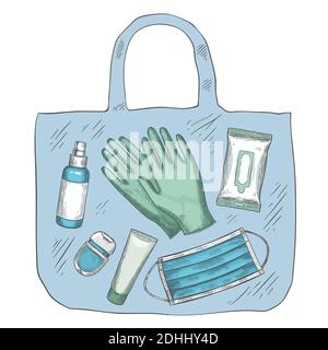 Reisedesinfektionsmittel-Kit. Desinfektionsmittel, medizinische Maske, Handschuhe, Alkoholspray und Wischtücher im Beutel. Neue normale Lebensdauer während covid-19, Vektor-Konzept Stock Vektor