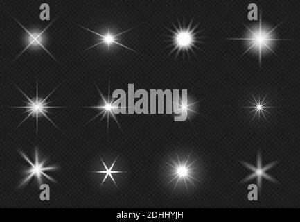 Fackeln und funkelnde Sterne Effekt. Weißes Licht platzt, glänzende Blendung. Magische Starburst, realistische Glow Set Stock Vektor