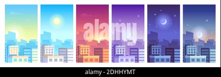 Stadtlandschaft. Tagsüber Stadtbild Sonnenaufgang, Tag, Sonnenuntergang und Nacht City Skyline, Gebäude in verschiedenen Zeiten Stock Vektor