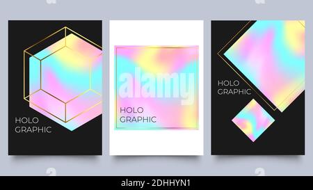 Holographisches Poster-Set. Spektrum mit Verlaufsgitter und geometrischen Formen mit Goldrahmen. Retro-Style der 90er und 80er Jahre Stock Vektor