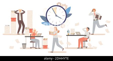 Büroangestellte und Geschäftsleute arbeiten, um die Frist einzuhalten. Männliche und weibliche Kollegen in stressigen Umgebungen Stock Vektor