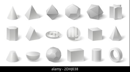 Weiße geometrische 3d-Formen. Geometrieform für Bildung. Sechseckiges und dreieckiges Prisma, Zylinder und Kegel Stock Vektor