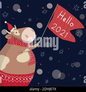 Lettering Hallo 2021.Cute Ox.Grußkarte für Happy Chinese New Year 2021 mit lustigen Bullen. Vektorgrafik. Quadratische Grußkarten. Frohe Christma Stock Vektor