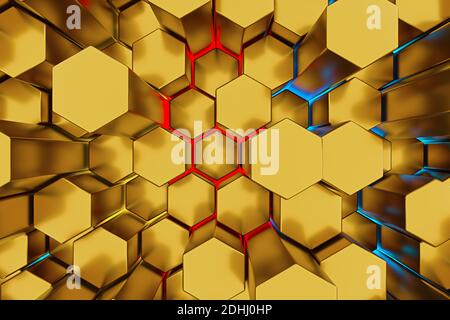 Gelbe Wabenwand. Chaotische Cubes Wandhintergrund. Panorama mit hochauflösendem Hintergrundbild. 3D-Renderdarstellung Stockfoto