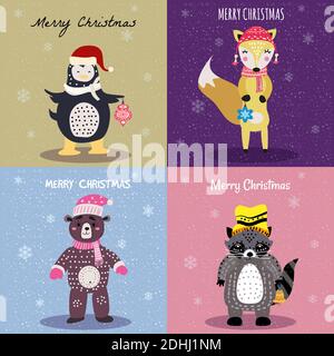 Weihnachten Tiere Kartenset niedlichen Fuchs, Bär, Waschbär, Pinguin. Handgezeichnete Sammlung Zeichen Illustration Vektor isoliert Stock Vektor