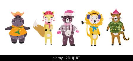 Weihnachten Tiere Set niedlichen Nilpferd, Fuchs, Bär, Katze mit Schal, Hut und Pullover.. Handgezeichnete Sammlung Zeichen Illustration Vektor isoliert Stock Vektor