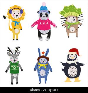 Weihnachten Tiere Set niedlichen Löwen, Panda, Igel, Waschbär, Hirsch, Kaninchen, Pinguin. Handgezeichnete Sammlung Zeichen Illustration Vektor isoliert Stock Vektor