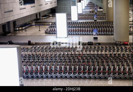 Beeindruckende Zahl der Karren warten auf Passagiere mit Gepäck Erholung Bereich in den internationalen Flughafen. Stockfoto