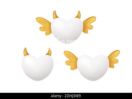 Set von weißen Herzform mit goldenen Flügeln und Hörnern. Konzept Symbol für Happy Valentines Day. Vektorgrafik Stock Vektor