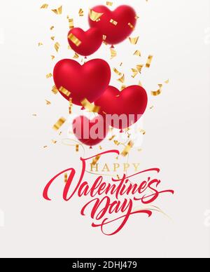 Rot glitzernde Herzform Ballons mit Gold glitzernden Konfetti Inschrift Happy Valentines Day isoliert auf weißem HintergrundVektor-Illustration Stock Vektor