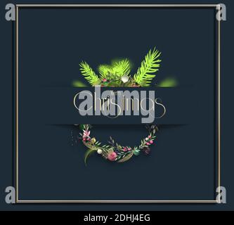 Minimalistische Weihnachten schöne festliche Karte mit 3D abstrakten Ornament Xmas Blumenkranz über blau schwarz. Gold Text Frohe Weihnachten Frohes neues Jahr. 3D Stockfoto