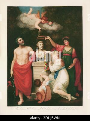 Aesculapius, Flora, Ceres und Amor zu Ehren der Büste des Linnäus. Handkolorierte Radierung. London 1806 Stockfoto