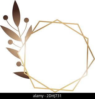Abstrakter moderner Goldrahmen mit tropischen Blattpflanzen. Skandinavischer Linienstil polygonale Glitzer-Dreiecke, geometrische, Diamant-Formen. Vektor Stock Vektor