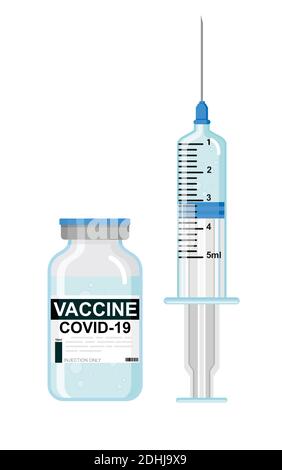 Impfung gegen Coronavirus Covid-19 mit Impffläschchen und Spritze zur Vorbeugung gegen Covid19. Modernes flaches Webdesign Konzept. Vektorillust Stock Vektor