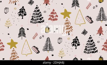 Frohe weihnachten Winter Baum drucken, nahtlose Winter frohe Feiertage Doodle Muster. Dezember Kiefer Zweig, Urlaub Geschenk-Ornamente. Geschenkpapier Stock Vektor