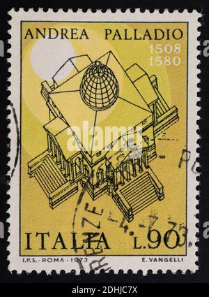 Udine, Italien. 10. Dezember 2020. Das Gedenken an Andrea Palladio auf einer italienischen Briefmarke Stockfoto