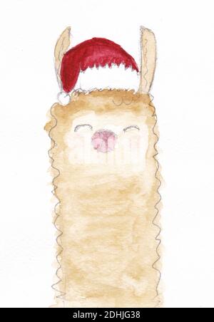 Lama in weihnachtsmann Hut Aquarell Illustration. Postkarte auf strukturiertem Aquarellpapier. Frohe Weihnachten Tier. Guter Neujahrsgeist. Stockfoto